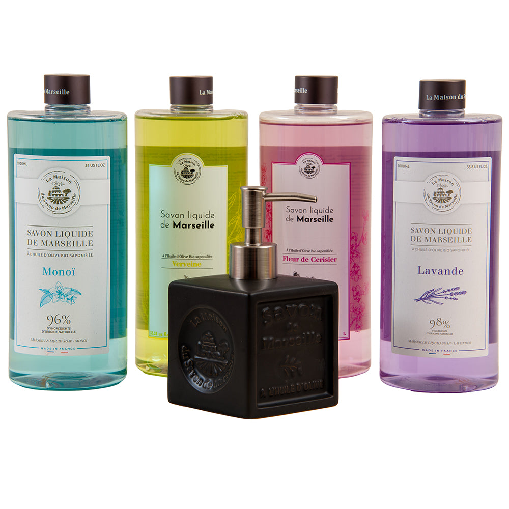 French Liquid Soap and Dispenser, 1 Litre Bottles, Set of 4, Black Ceramic