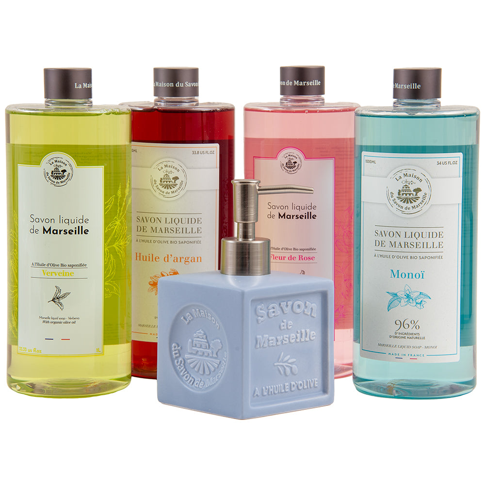 French Liquid Soap and Dispenser, 1 Litre Bottles, Set of 4, Light Blue Ceramic