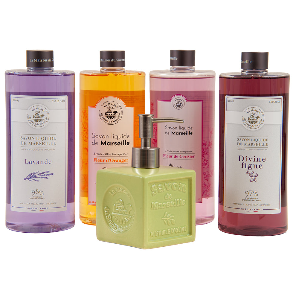 French Liquid Soap and Dispenser, 1 Litre Bottles, Set of 4, Green Ceramic