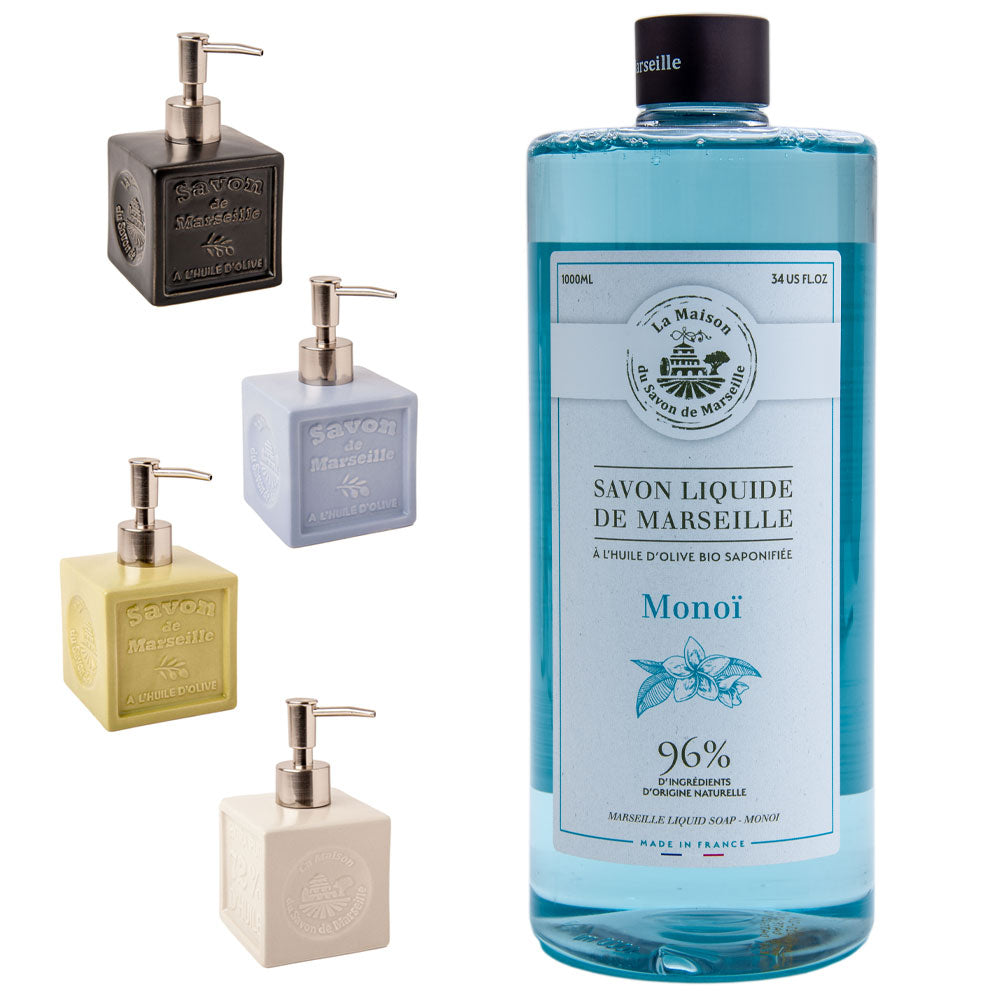 French Liquid Soap, Ceramic Soap Dispenser, Olive Oil, Monoi Fragrance, 1 Litre and 300ml