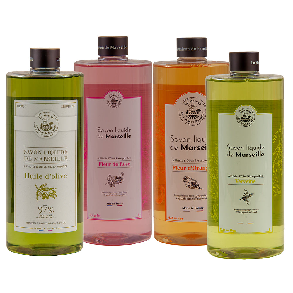 French Liquid Soap, Various Fragrances, 1 Litre Refill Bottles, Set of 4