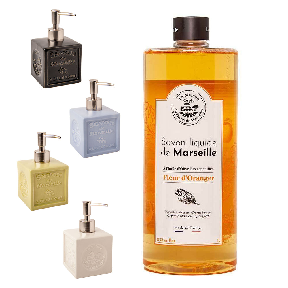 French Liquid Soap, Ceramic Soap Dispenser, Olive Oil, Orange Blossom Fragrance, 1 Litre and 300ml