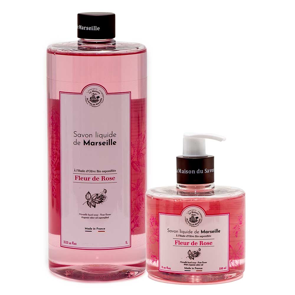 French Liquid Soap Pair, Olive Oil, Rose Fragrance, 1 Litre Refill and 330ml