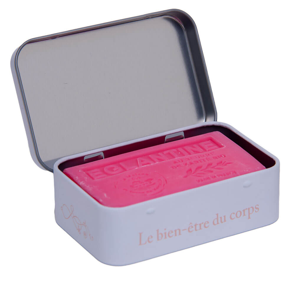 Rose Design Travel Soap Tin with Eglantine Scented French Shea Butter Soap, 125g