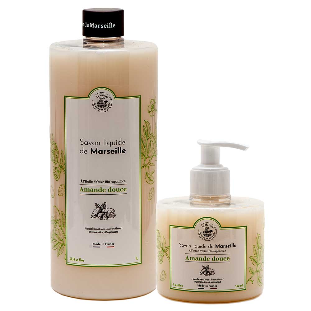 French Liquid Soap Pair, Olive Oil, Sweet Almond Fragrance, 1 Litre Refill and 330ml