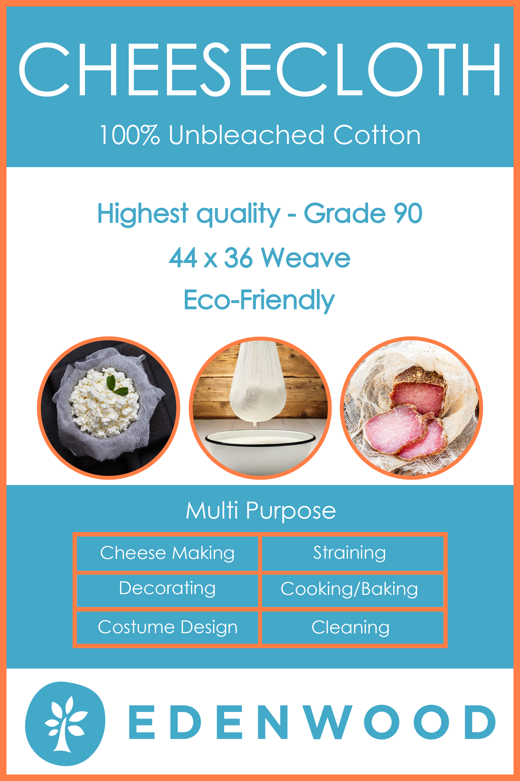 100% Unbleached Cotton Cheesecloth, Grade 90